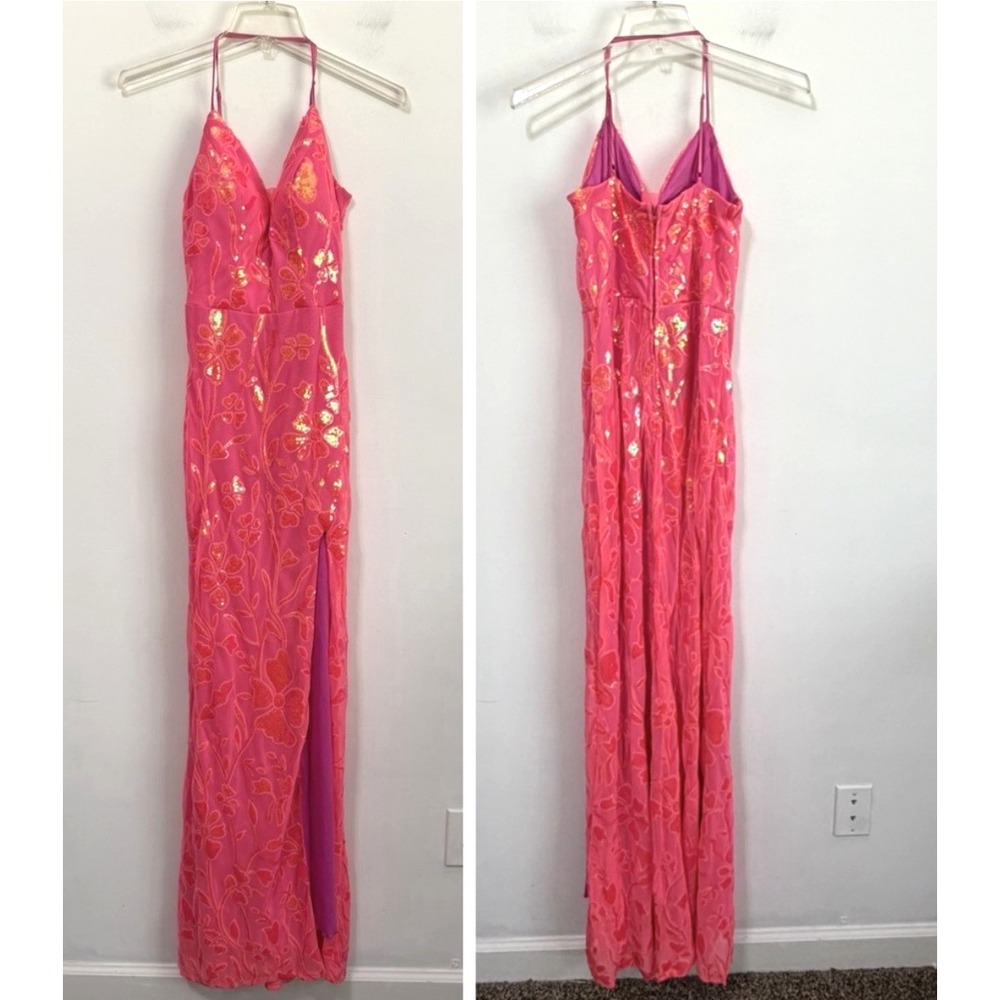 City Triangles Maxi Dress 7 Juniors Pink Sequins High Slit Pageant Prom Formal